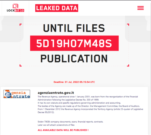 Ransomware Lockbit 3.0 che questa estate ha rubato e criptato 78GB di dati dal sito dell'Agenzia delle Entrate